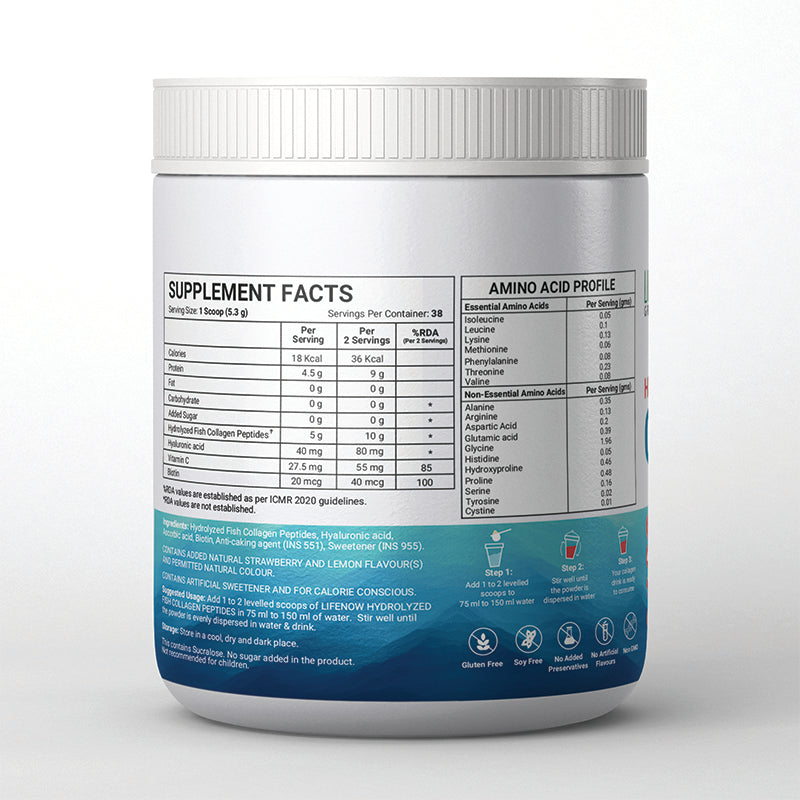 LIFENOW Hydrolyzed Marine Fish Collagen Peptides, Clinically Proven Ingredient, 200g