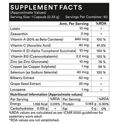 LIFENOW Eye Health Supplement with Bilberry, Zeaxanthin - 60 Vegetarian Capsules